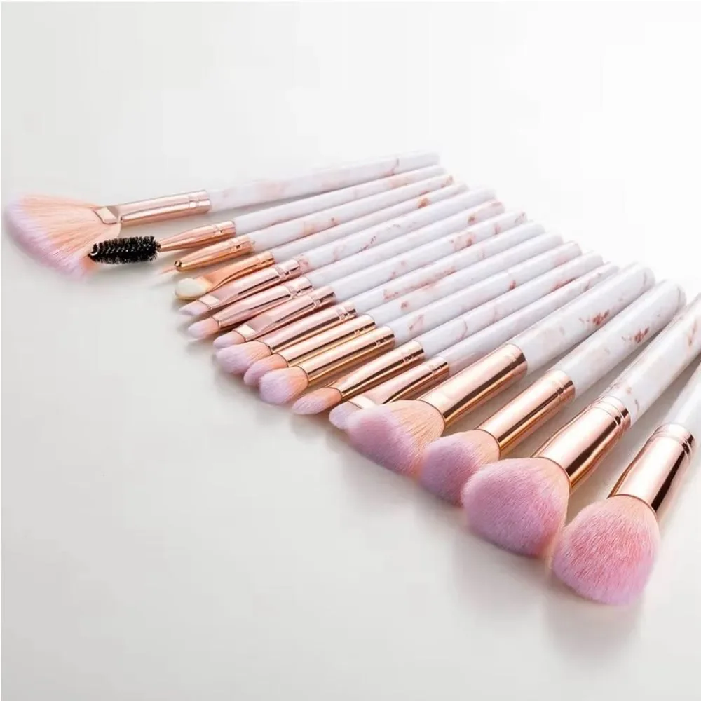 New 15-Piece Marble Handle Makeup Brush Set in Pink and Rose Gold
